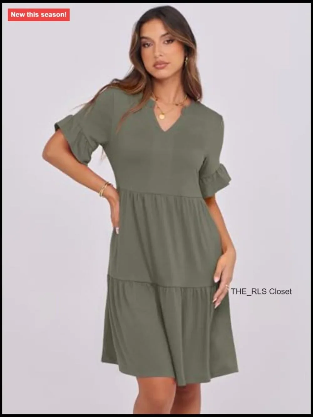 V-Neck Ruffle Sleeve Tiered Mini Dress with Pockets, Soft Rayon Blend - Picture 4 of 7